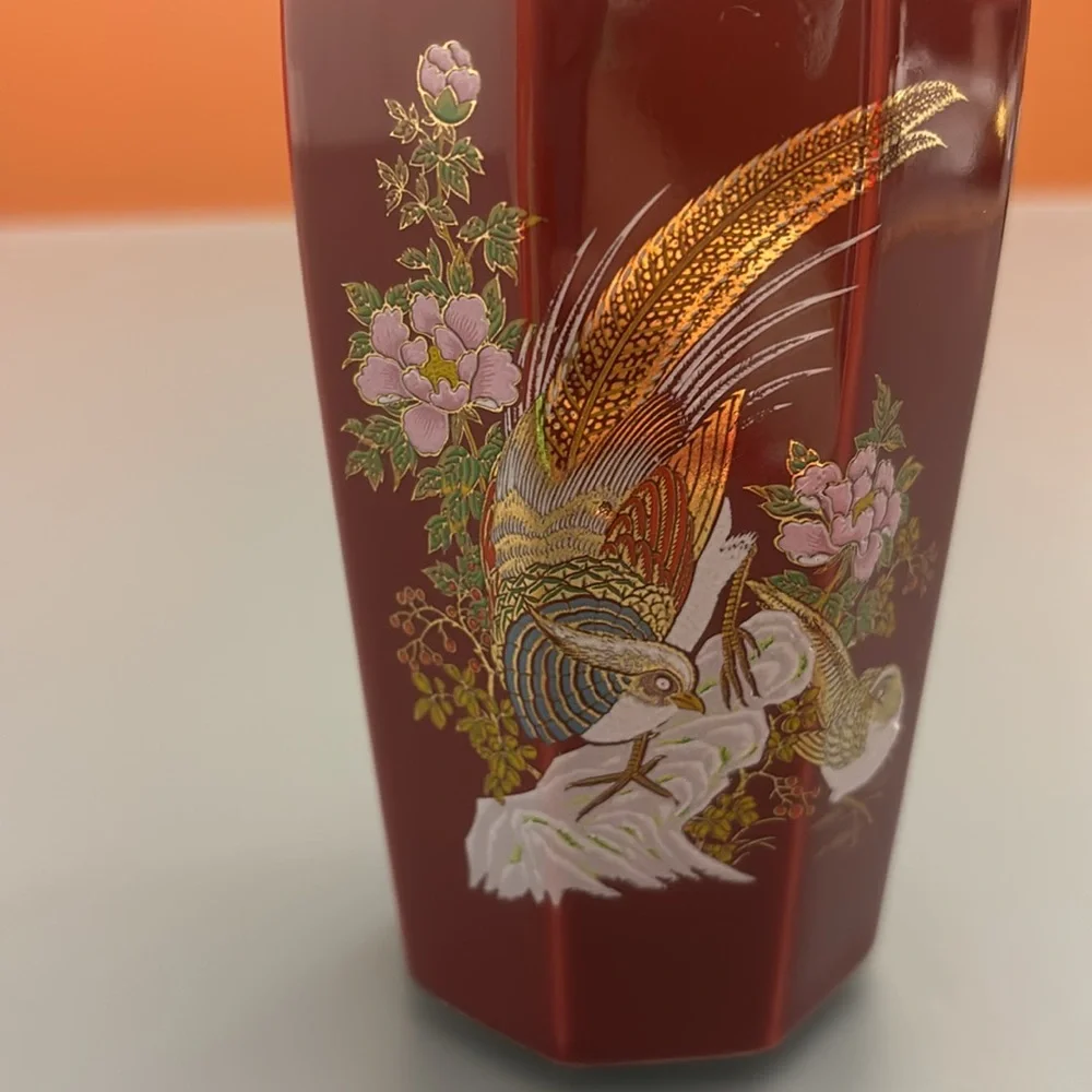 Vintage 1970s Japanese Bud Vase Maroon Pheasants and Dogwood Gold Trim & Accents